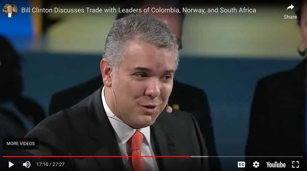 bill clinton discusses trade with leaders of colombia, norway, and south africa 2018
